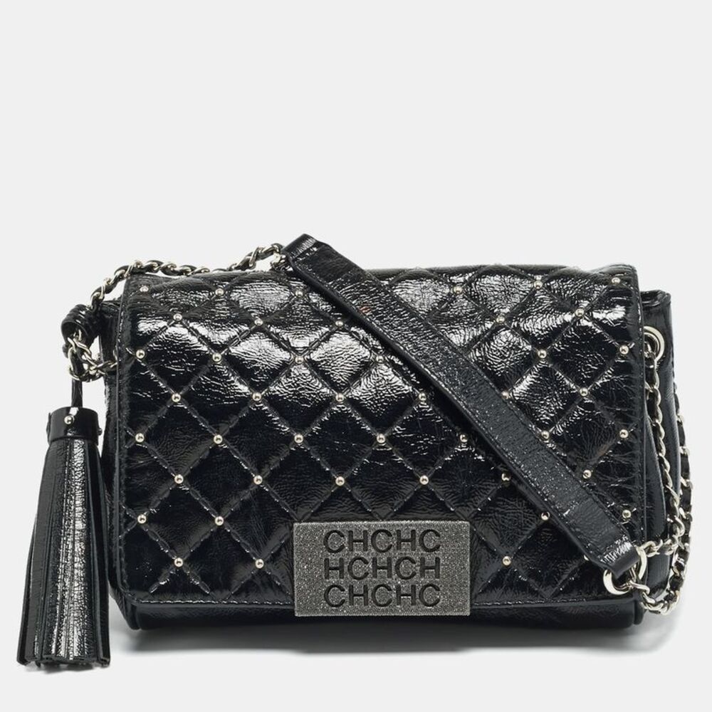 Ch Carolina Herrera Pearl Studded Black Quilted Patent Leather Flap Chain